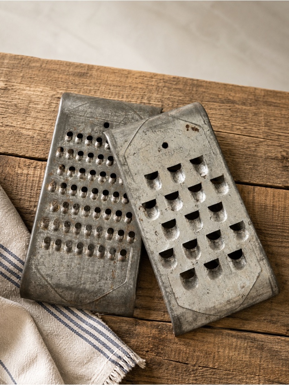 Vintage SUPER Metal Handheld Graters Food Shredder Bowl Top Patented Set of 2